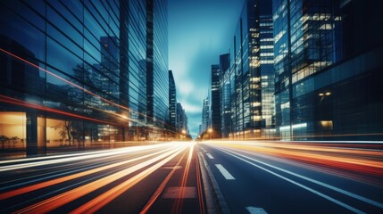 Obraz premium Light trails on the modern building background. Light trails at night in urban environment, Abstract Motion Blur City, traffic, transportation, street, road, speed