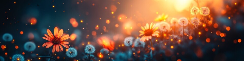 Dreamy Meadow Sunset Serene Dandelion And Daisy Field Bathed In Enchanting Summer Evening Light