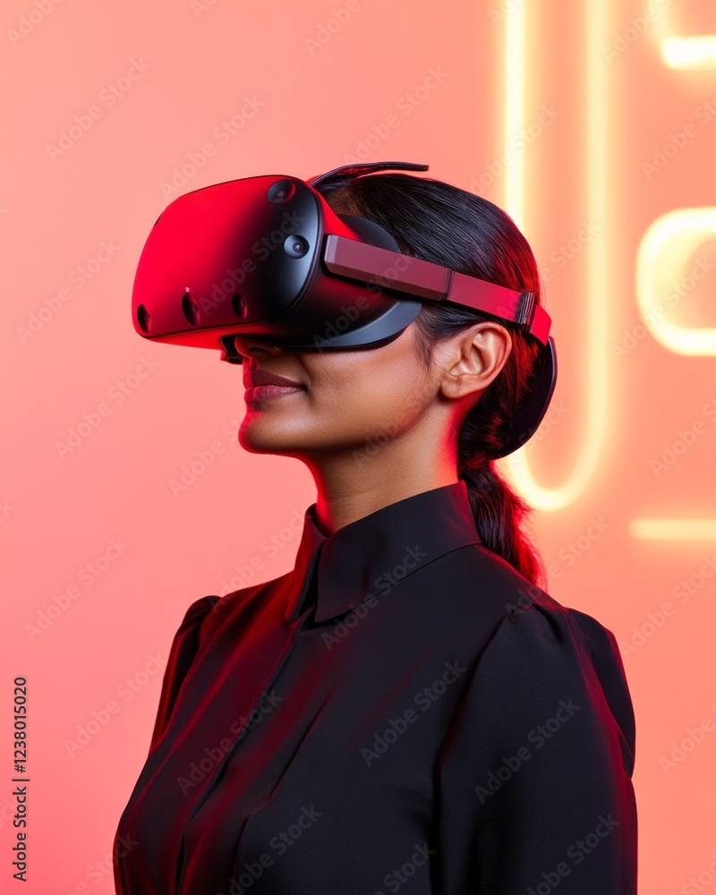 Poster immersive virtual reality experience female professional engaged with vr headset in neon background 