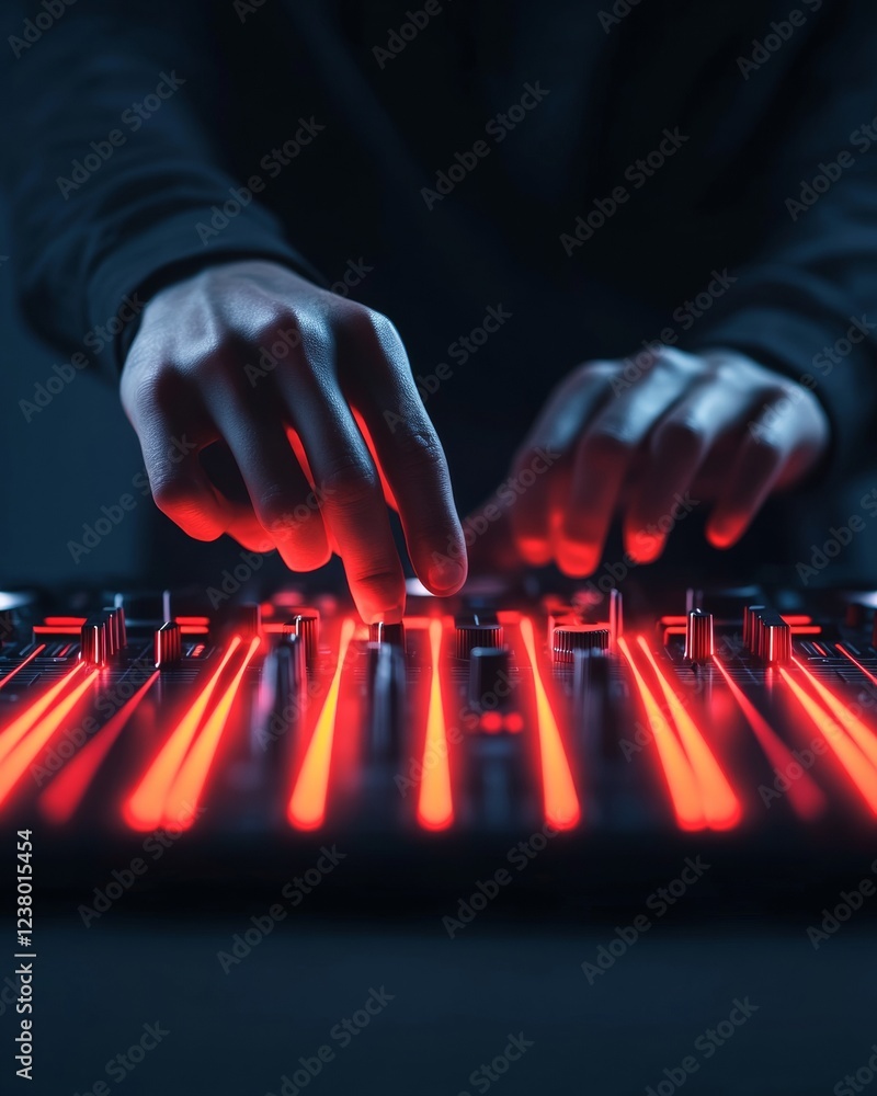 Poster Neo-Futuristic Sound Crafting DJ Controller Under RGB Lights - Dynamic Music Creation and Immersive Audio Experience for Modern Home Studios