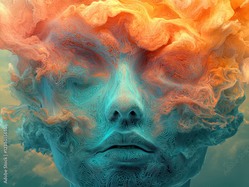 Poster surreal depiction of thoughts and ideas transforming into digital data streams showcasing the connec
