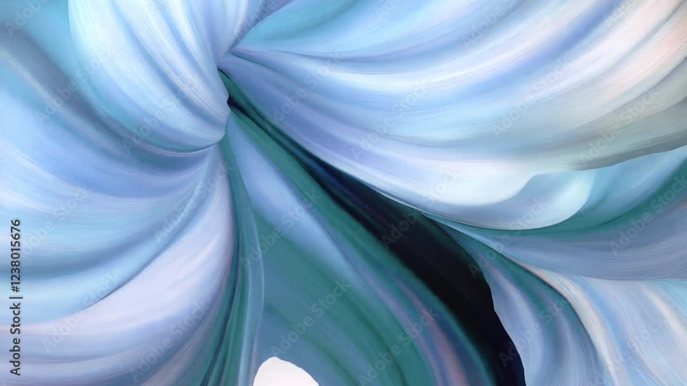Leinwandbilder The petals of a fantastic abstract flower in animation open smoothly to create an image of light, airy streams of light blue fabric. Complex shimmering petals add depth