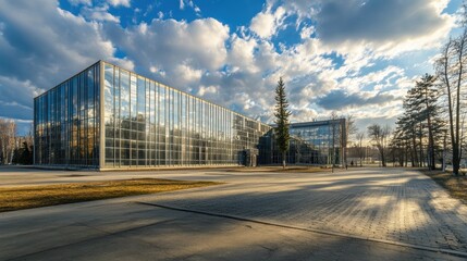 Modern office building or business center. High-rise window buildings made of glass reflect the clouds and the sunset. empty street outside  wall modernity civilization. growing up business