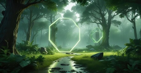 Luminous geometric shapes embedded within an ethereal green atmosphere, otherworldly ambiance, magical realism