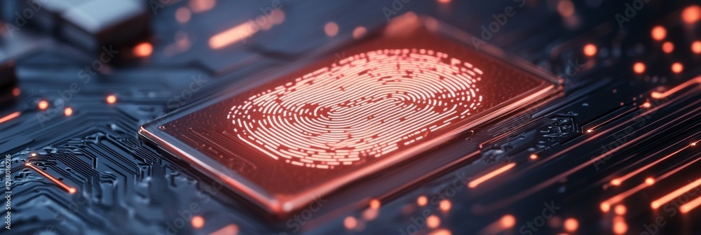 Aufkleber Futuristic Biometric Security Graphic Illuminated Circuit Board with Digital Fingerprint Sensor - Cutting-Edge Access Control for Tech and Cybersecurity Innovation