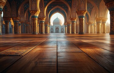 Obraz premium Sunlight Filtering Through Ornate Mosque Archways Casting Patterns on Wooden Floor
