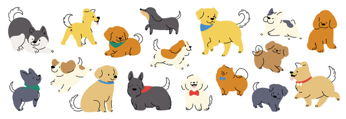 Cute dogs doodle vector set. Cartoon dog or puppy characters design collection with flat color in different poses, breed, retriever, husky. Set of funny pet animals isolated on white background.