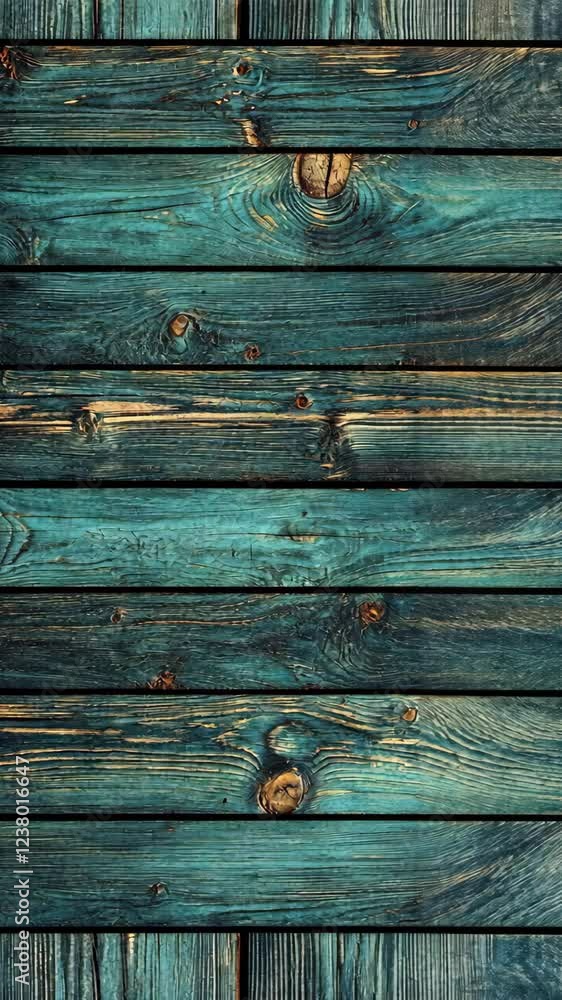 Poster close-up view of textured wooden planks with vibrant turquoise paint and natural grain patterns in a