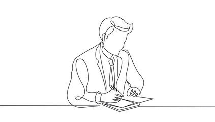 Continuous Line Drawing of Businessman in Sitting Pose. One Line Drawing of Man with Pen. Business Concept Single Line Vector Illustration.