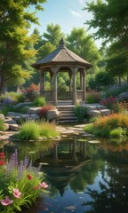 Naklejka premium Lush greenery and wildflowers surrounding a rustic stone gazebo near a quiet lake, rustic, gazebo, nature