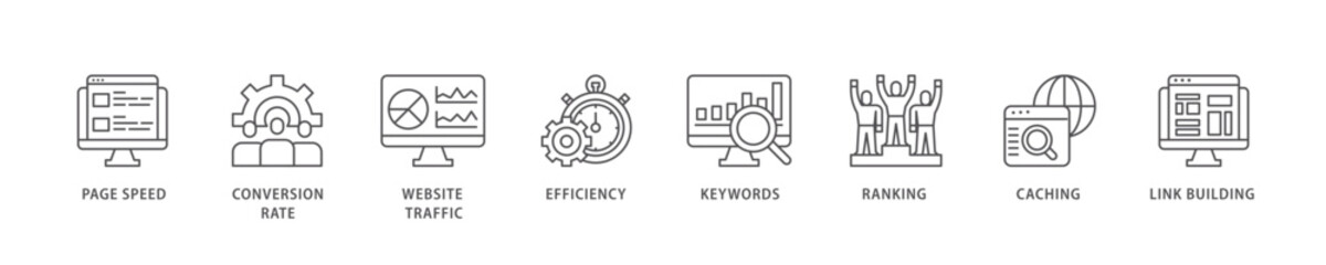 Website optimization icon set flow process which consists of page speed, conversion rate, website traffic, efficiency, keywords, ranking, caching  icon live stroke and easy to edit . © Juaran