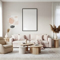 Frame mockup, ISO A paper size. Living room wall poster mockup. Interior mockup with house background. Modern interior design. 3D render