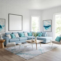 Fototapeta premium Frame mockup, ISO A paper size. Living room wall poster mockup. Interior mockup with house background. Modern interior design. 3D render