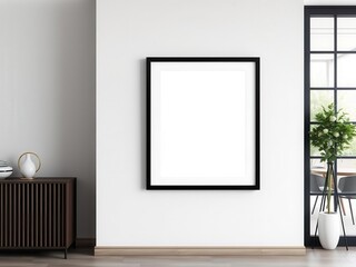 A mockup of an office wall art print with a modern black frame, displayed in a sleek presentation setting, wall art, professional, interior design