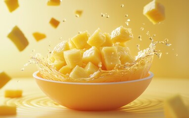 Floating Bowl of Fresh Pineapple Chunks with a Splash of Tropical Juice on a Soft Pastel Lemon Background