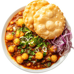 Chole Bhature served on a plate, captured from the top view, showcasing the rich textures and colors of this Indian dish in a professional food photo.