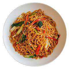 Chow Mein served in a bowl seen from the top view, showcasing noodles, vegetables, and proteins, isolated on a clean background, professional food image.