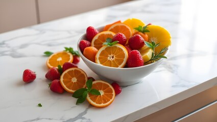 A high-angle, full shot of a healthy salad in a white bowl. 