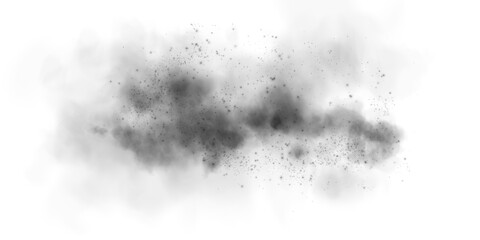 Fantastic black smoke background. Black spice powder explosion, spice splash, Magic smoke with glitter and small particles, fog with glowing particles, black steam. PNG.