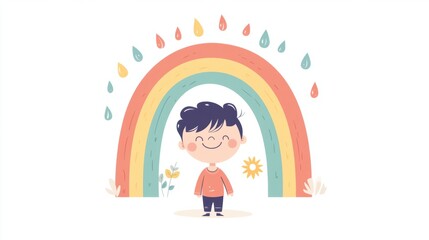 Obraz premium Cute cartoon rainbow with smile sun and raindrops, isolated on white