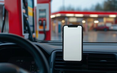 Obraz premium white screen Phone mockup in car at gas station, highlighting digital loyalty programs