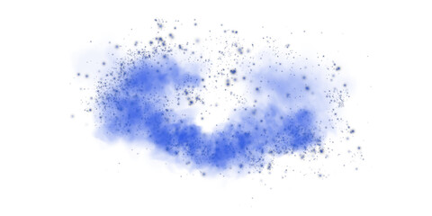 Fantastic blue smoke background. Blue spice powder explosion, spice splash, Magic smoke with glitter and small particles, fog with glowing particles, blue steam. PNG.