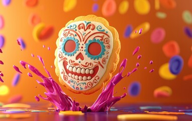 Floating DÃ?a de los Muertos Sugar Skull Cookie with a Splash of Colorful Icing, Vibrant Mexican Background