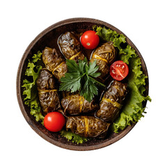Dolma served on a white plate, top view angle showcasing the stuffed grape leaves, garnished with herbs, professional food photo, isolated on white background.