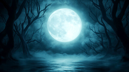 Fototapeta premium Enchanted full moon over misty haunted forest with barren trees atmospheric night scene