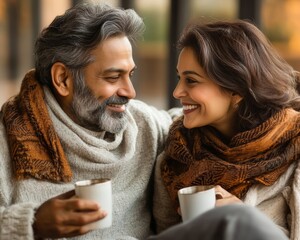 Cozy Moments Mature South Asian Couple Shares a Warm Drink and Loving Gaze on a Relaxing Afternoon