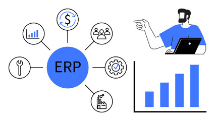 ERP is central with icons for finance, people, data, and tools connected. Man points at growth chart while using laptop. Ideal for business management, forecasting, analytics, finance efficiency
