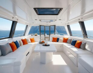 Fototapeta premium Luxurious, white sailing catamaran with a spacious interior and expansive windows , ocean, sailboat, interior