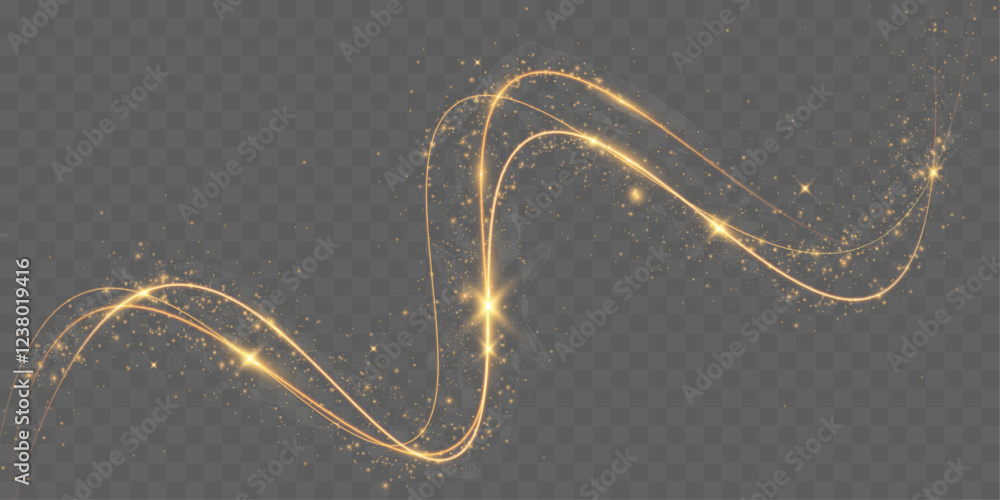 Poster light sparkle glitter shine glow with golden wavy light trails, glowing particles, and sparkling eff