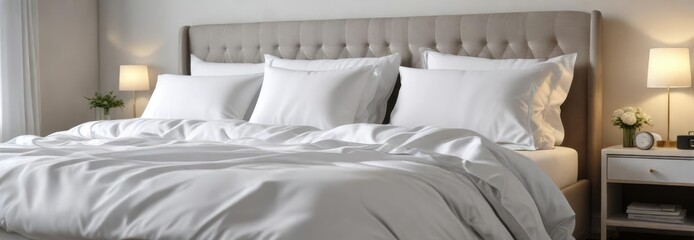 Luxury white duvet and pillows on comfortable mattress and bed frame, high-quality, trendy