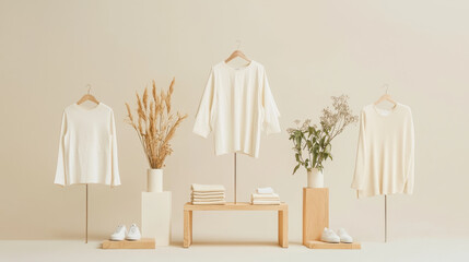 Minimalist fashion display featuring organic cotton garments, plants, and accessories. soft color palette creates serene atmosphere, highlighting sustainable style choices