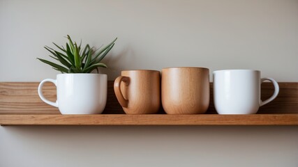 Fototapeta premium Minimalist arrangement of ceramic and wooden cups on a wooden shelf with a small potted plant in a modern interior setting