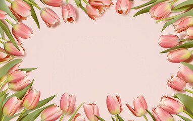 Fototapeta premium Flat lay of pink tulips arranged in a border on a light pastel background with copy space