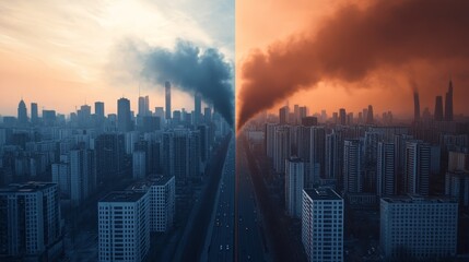 Fototapeta premium Urban Landscape Split by Pollution Effects on Health and Environment with Dramatic Sky