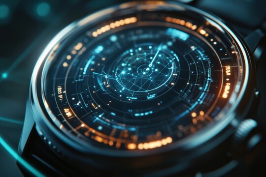 Futuristic digital smartwatch display with holographic interface and complex graphs