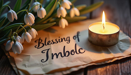 Imbolc blessing parchment with candle and snowdrop flowers