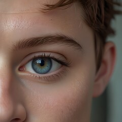 Fototapeta premium A close-up of a young woman’s face, highlighting her striking blue and yellowish-green eye. The intricate details of the iris are captured beautifully, with soft lighting enhancing her natural beauty.