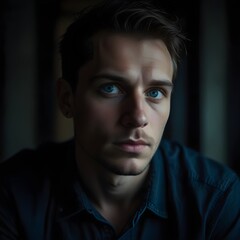 Fototapeta premium A man with piercing blue eyes and a contemplative expression, set against a moody background. His gaze is intense, and the dramatic lighting adds depth to the portrait.