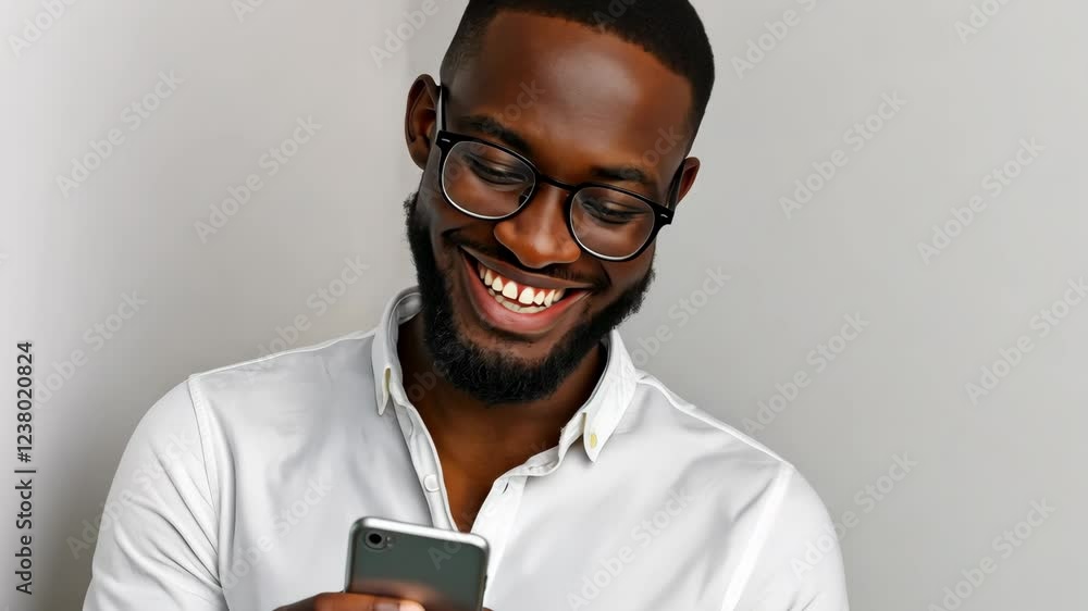 Poster man with glasses is smiling and holding a cell phone. he is looking at the screen and he is happy