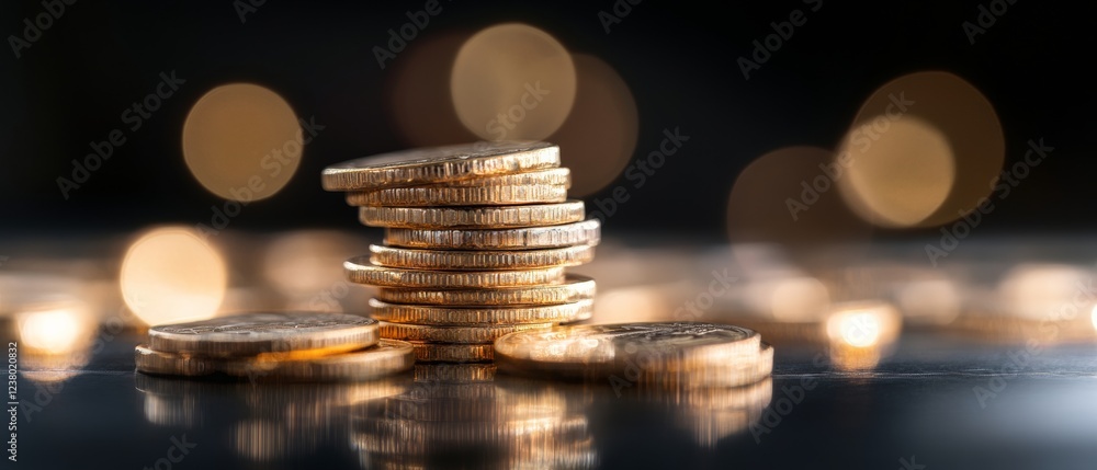 Poster Gleaming Financial Graph Display Stacked Gold Coins with Illuminated Background Modern Investment Visuals and Secure Banking Content for Business Innovation