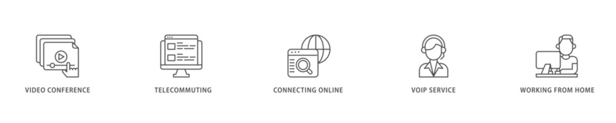 Remote working icon set flow process which consists of video conference, telecommuting, connecting online, voip, and working from home icon live stroke and easy to edit .