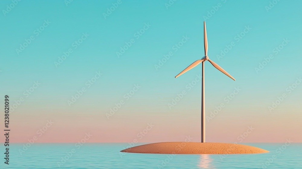 Wall mural sustainable energy solutions, tranquil wind turbine on isolated island with calm water and gorgeous 