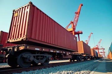 Obraz premium Container hoisted onto rail car at port terminal, port, cargo