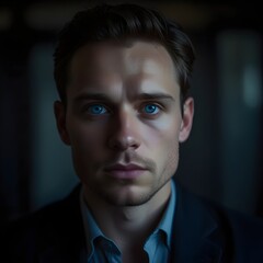Obraz premium A businessman with piercing blue eyes dressed in formal attire. His composed and confident look, along with the professional lighting, gives the portrait a polished and sophisticated feel.