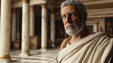 Naklejka premium Timeless wisdom of an ancient philosopher in a grand marble hall under soft sunlight illuminating classical architecture