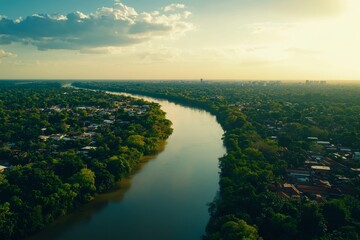 Aerial view of a river winding through a lush green landscape with a city on the horizon at sunset.